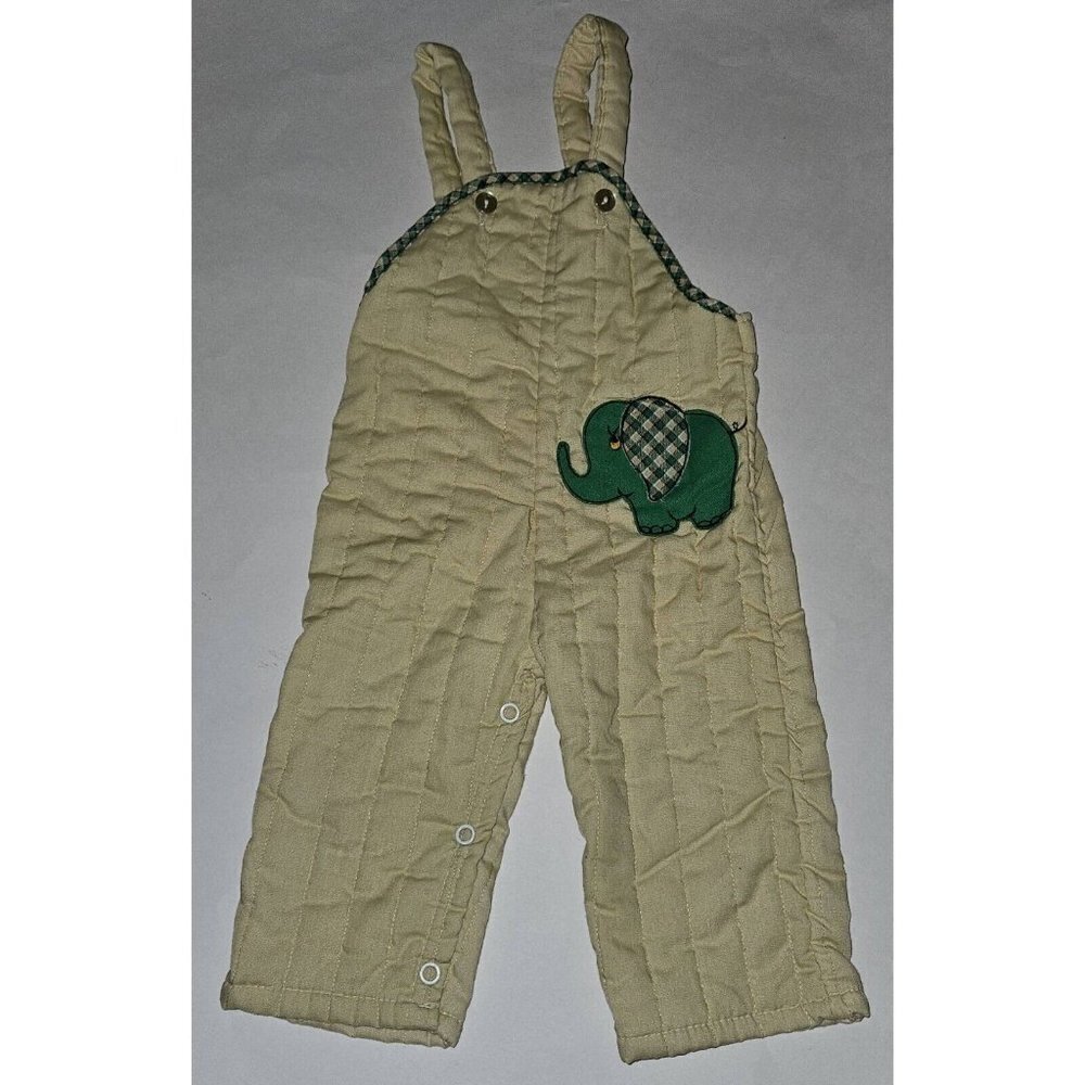 VTG Cee Jee Playwear Quilted Overalls Tan Green Elephant Baby 12 Months